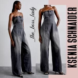 Ksenia Schnaider strapless denim jumpsuit wide-leg one-piece dark wash black